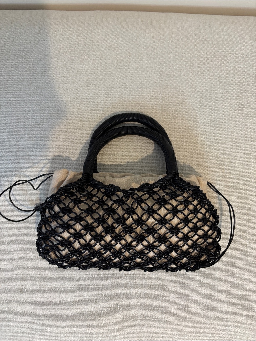 Arket Black Leather Woven Net Tote with Cream Pouch